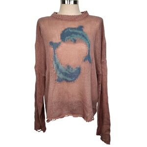 The Ragged Priest Dusty Pink Dolphin Distressed Knit Sweater Size M Oversized